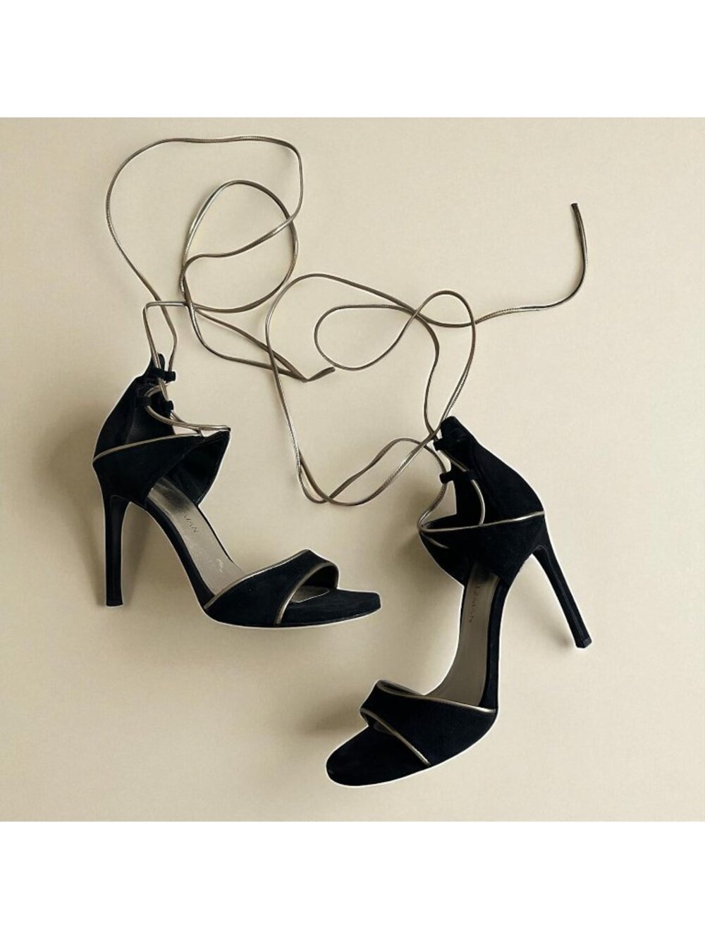 STUART WEITZMAN  Black Gold Laceup Sandals Heels Size 7.5